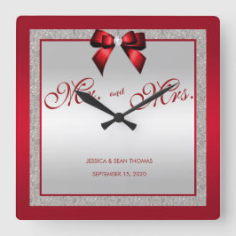 Elegant Ruby Red & Silver Glitter Weddag Vierkante Klok