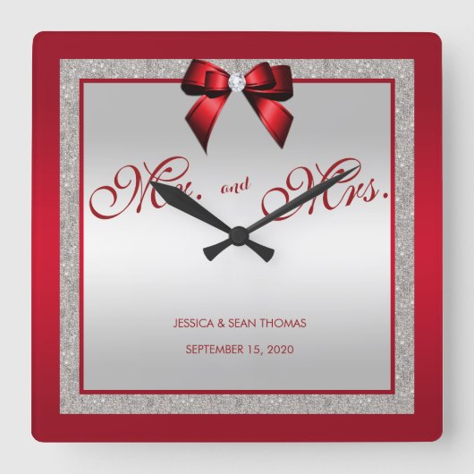 Elegant Ruby Red & Silver Glitter Weddag Vierkante Klok (Voorkant)