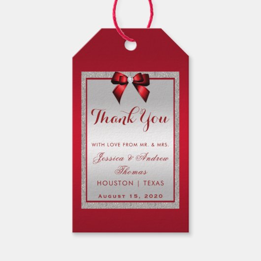 Elegant Ruby Red & Silver Glitter Wedding Cadeaulabel (Voorkant)