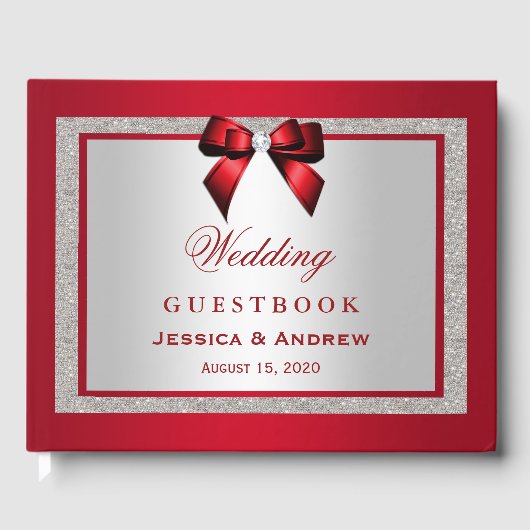 Elegant Ruby Red & Silver Glitter Wedding Gastenboek (Voorkant)