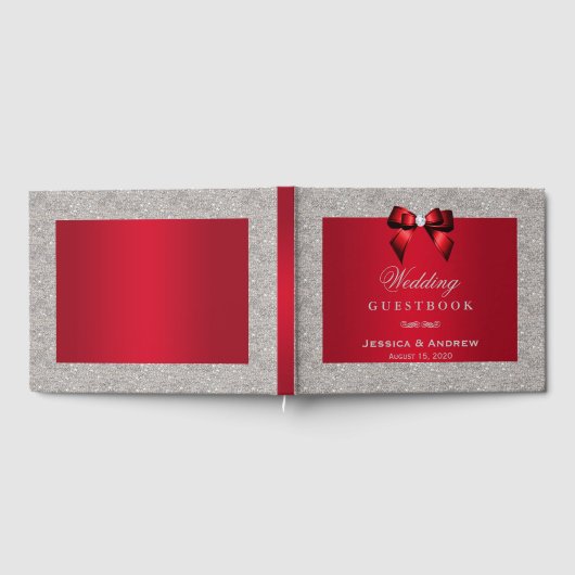 Elegant Ruby Red, Silver Glitter Wedding Gastenboek (Volledig)