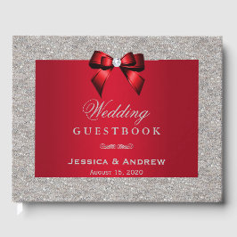 Elegant Ruby Red, Silver Glitter Wedding Gastenboek
