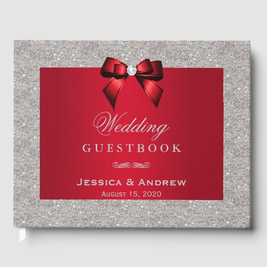 Elegant Ruby Red, Silver Glitter Wedding Gastenboek (Voorkant)