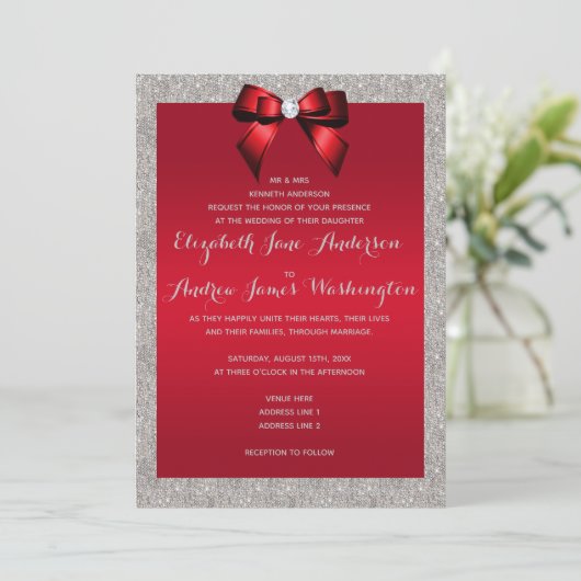 Elegant Ruby Red & Silver Glitter Wedding Kaart (Staand voorkant)