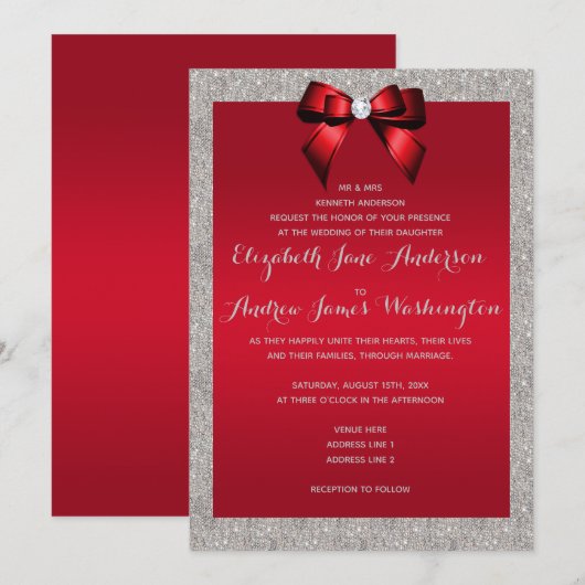 Elegant Ruby Red & Silver Glitter Wedding Kaart (Voorkant / Achterkant)