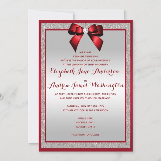 Elegant Ruby Red & Silver Glitter Wedding Kaart (Voorkant)