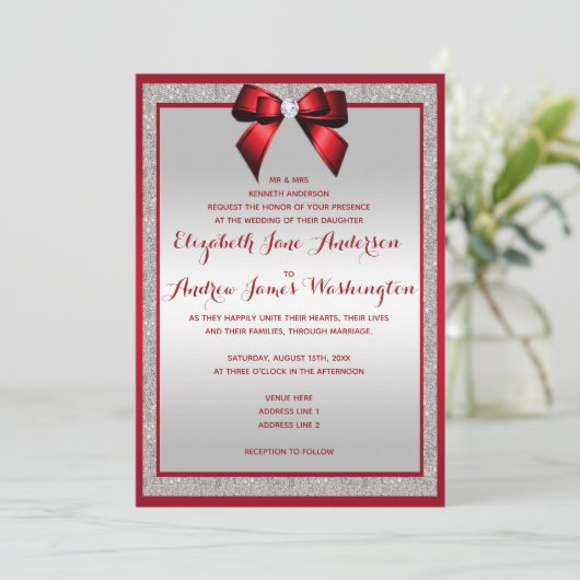 Elegant Ruby Red & Silver Glitter Wedding Kaart (Staand voorkant)