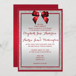 Elegant Ruby Red & Silver Glitter Wedding Kaart