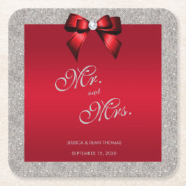 Elegant Ruby Red, Silver Glitter Wedding Kartonnen Onderzetters
