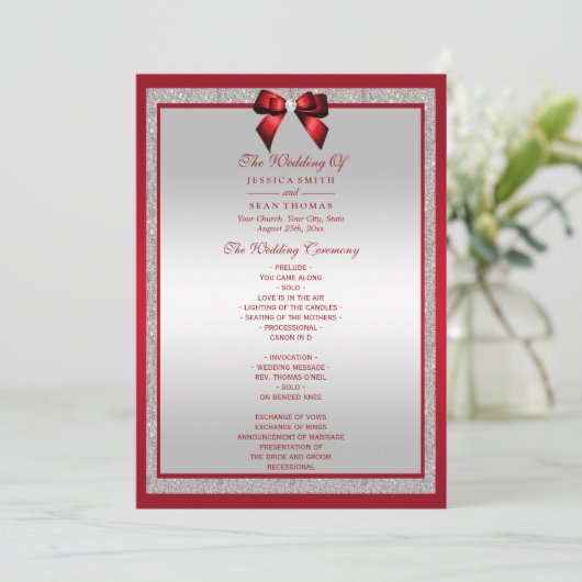 Elegant Ruby Red & Silver Glitter Wedding Programmakaart (Staand voorkant)