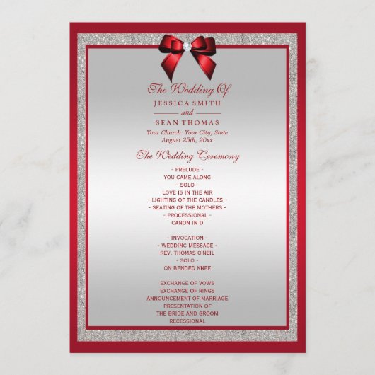 Elegant Ruby Red & Silver Glitter Wedding Programmakaart (Voorkant)