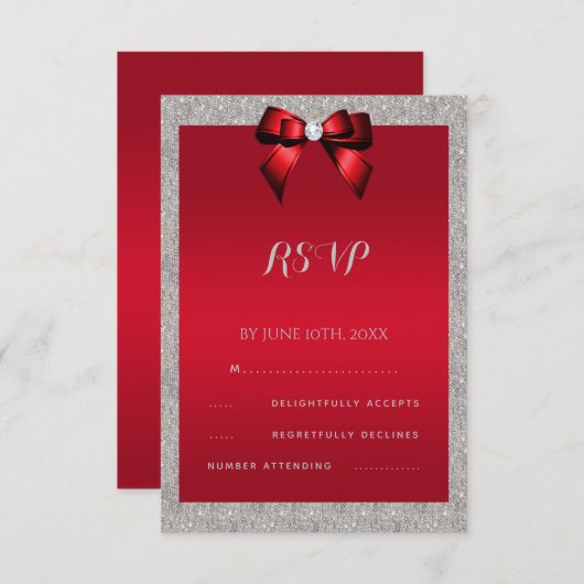 Elegant Ruby Red, Silver Glitter Wedding RSVP Kaartje (Voorkant / Achterkant)