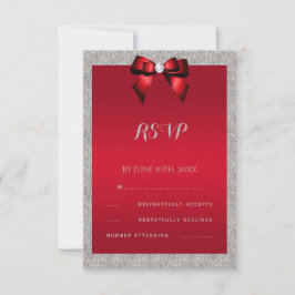 Elegant Ruby Red, Silver Glitter Wedding RSVP Kaartje
