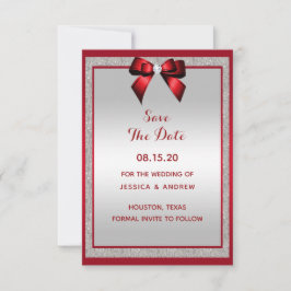 Elegant Ruby Red & Silver Glitter Wedding Save The Date