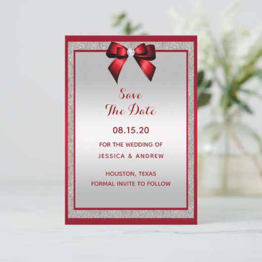 Elegant Ruby Red & Silver Glitter Wedding Save The Date (Staand voorkant)