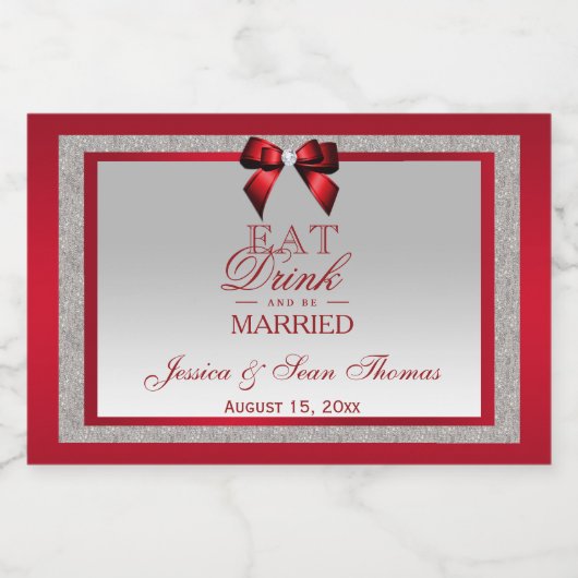 Elegant Ruby Red & Silver Glitter Wedding Sparkling Wijnetiket (Enkel label)