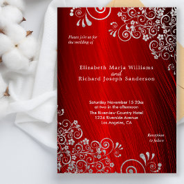Elegant Ruby Red Silver Gray Swirls Wedding Kaart