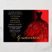 Elegant Ruby Red Spanish Gown Quinceañera - Gold Folie Uitnodiging (Voorkant)