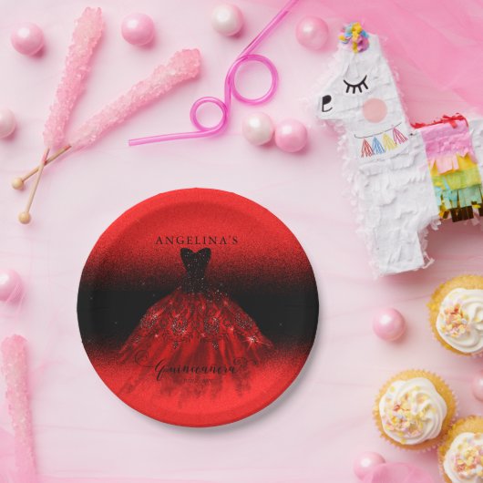 Elegant Ruby Red Spanish Gown Quinceañera Paper P Papieren Bordje (Feest)