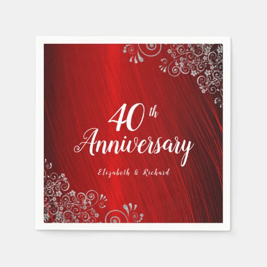 Elegant Ruby Red Swirl 40th Jubileum Party Servet (Voorkant)