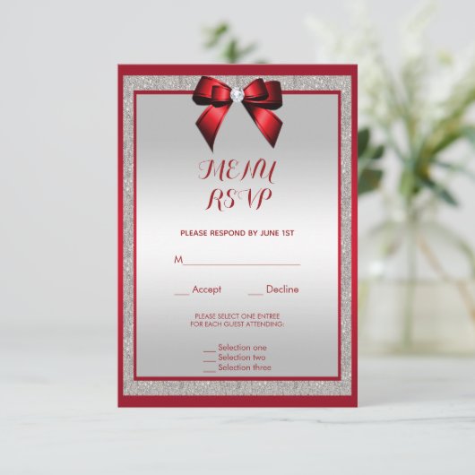 Elegant Ruby Rood & Zilver Glitter Bruiloft Menu (Staand voorkant)