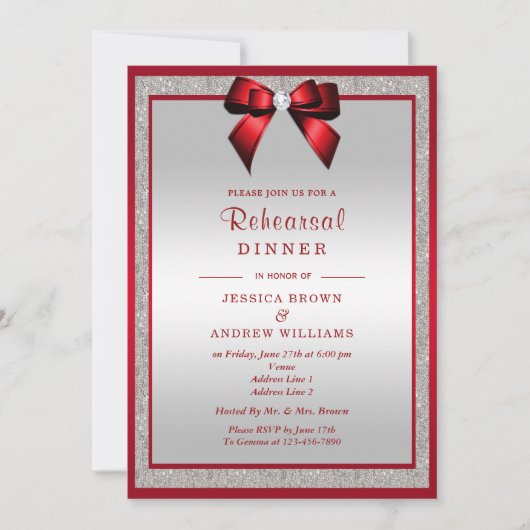 Elegant Ruby Rood Zilver Glitter Repetitie Diner Kaart (Voorkant)