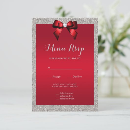Elegant Ruby Rood, Zilveren Glitter Bruiloft Menu  (Staand voorkant)