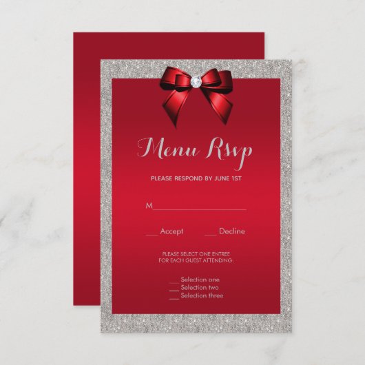 Elegant Ruby Rood, Zilveren Glitter Bruiloft Menu  (Voorkant / Achterkant)