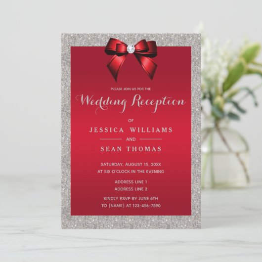 Elegant Ruby Rood, Zilveren Glitter Bruiloft Recep Kaart (Staand voorkant)