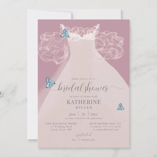 Elegant Ruffle Dress Blue Butterfly Vrijgezellenfe Kaart (Voorkant)