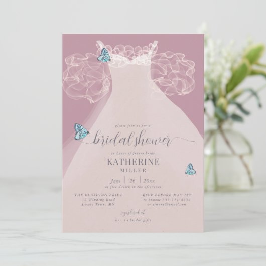 Elegant Ruffle Dress Blue Butterfly Vrijgezellenfe Kaart (Staand voorkant)