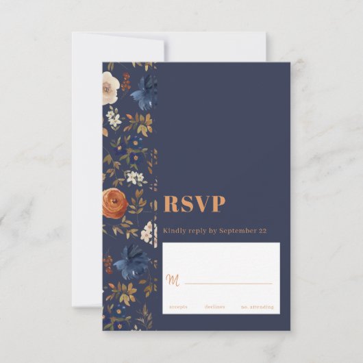 Elegant Rust Blue Dark Boho Floral Wedding RSVP Kaartje (Voorkant)