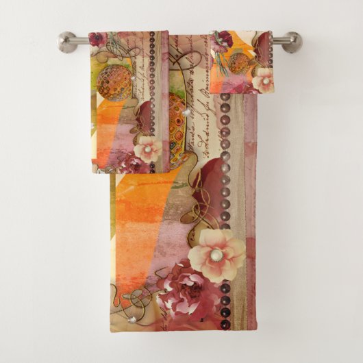 Elegant Rust, Cream, Oranje Florals Towel Bad Handdoek (Insitu)