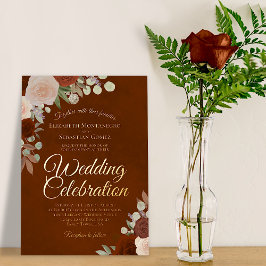 Elegant Rust Floral met Roos Gold Text Wedding Folie Uitnodiging