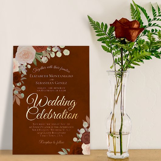 Elegant Rust Floral met Roos Gold Text Wedding Folie Uitnodiging