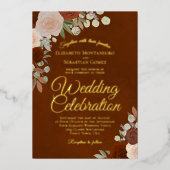 Elegant Rust Floral met Roos Gold Text Wedding Folie Uitnodiging (Voorkant)