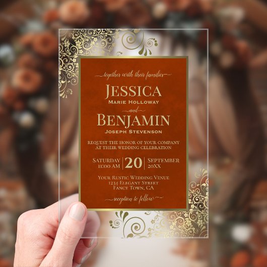 Elegant Rust Orange & Gold Stylish Text Wedding Acryl Uitnodigingen