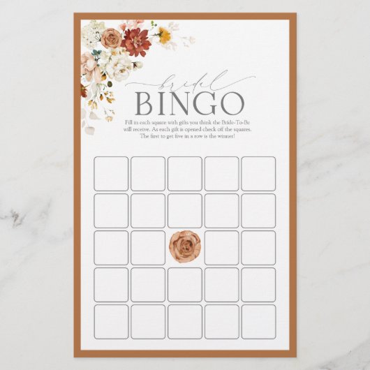 Elegant Rust Oranje Floral Bridal Bingo Game (Voorkant)
