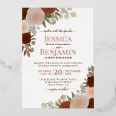 Elegant Rust Oranje Floral met Roos Gold Wedding Folie Uitnodiging (Voorkant)