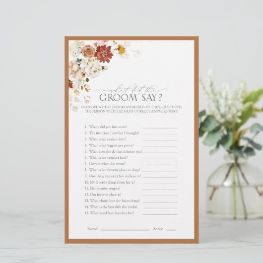 Elegant Rust Oranje Floral Vrijgezellenfeest Game (Staand voorkant)