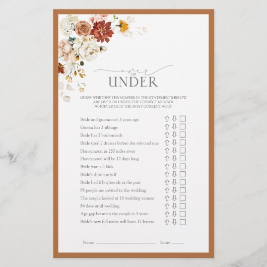 Elegant Rust Oranje Floral Vrijgezellenfeest Game (Voorkant)