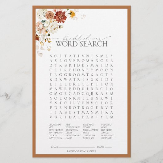 Elegant Rust Oranje Floral Vrijgezellenfeest Game (Voorkant)