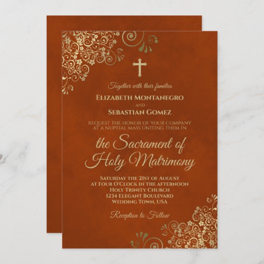 Elegant Rust Oranje & Gold Modern katholieke bruil Kaart (Voorkant / Achterkant)