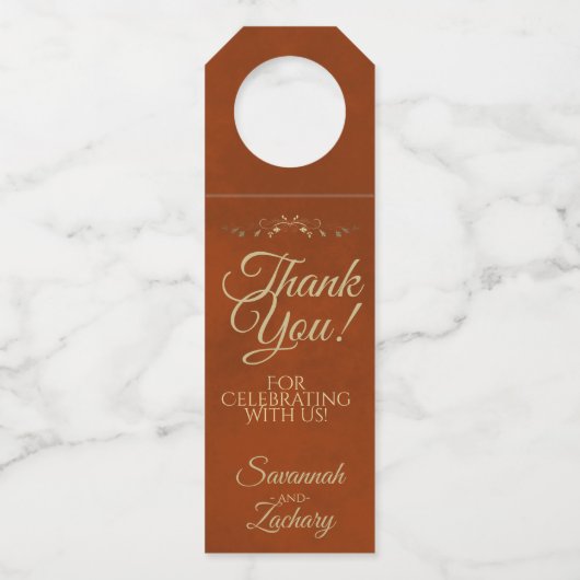 Elegant Rust Oranje & Gold Wedding Hartelijk dank Flessenhanger (Voorkant)