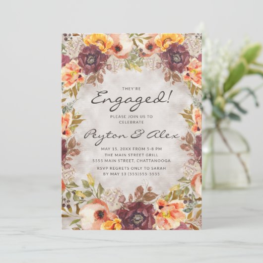 Elegant Rust Oranje najaar Floral Engagement Party Kaart (Staand voorkant)