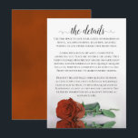 Elegant Rust Oranje Romantic Roos Wedding Details Informatiekaartje<br><div class="desc">Deze mooie trouwbijsluitkaart is ontworpen om u extra ruimte te bieden voor alle informatie die uw gasten nodig hebben, zoals website, register, ontvangst, reizen, accommodaties of andere details. De kaart biedt een prachtig ontwerp met één reflecterend roestkleurig oranje roos en een lacy script dat de titel "de details" leest. De...</div>