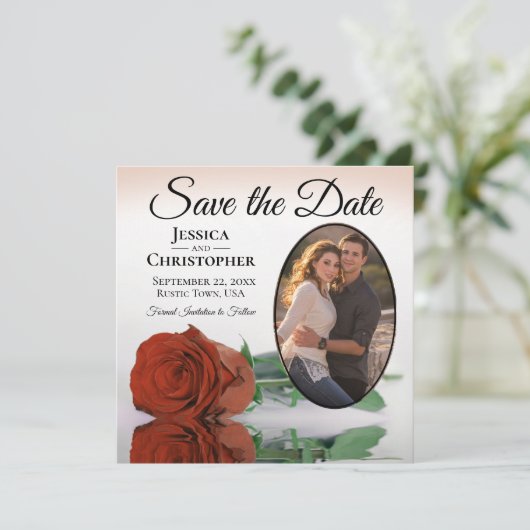 Elegant Rust Oranje Roos met Oval Photo Wedding Save The Date (Staand voorkant)