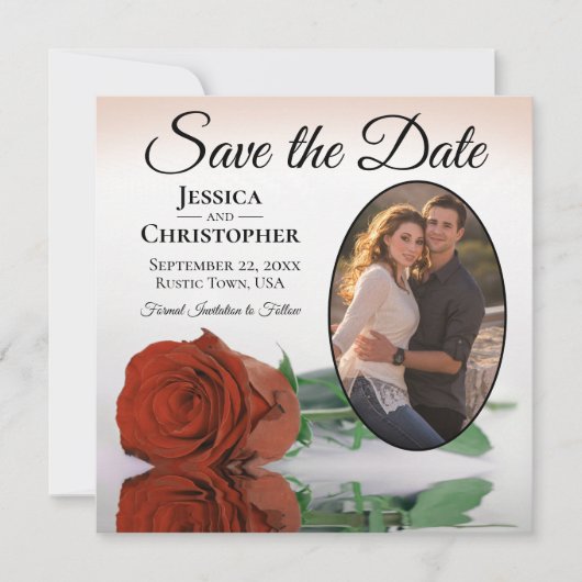 Elegant Rust Oranje Roos met Oval Photo Wedding Save The Date (Voorkant)