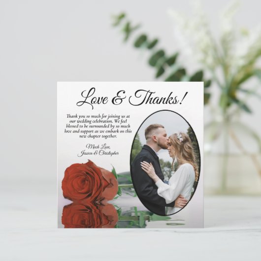 Elegant Rust Oranje Roos Oval Foto Weddenschap Bedankkaart (Staand voorkant)