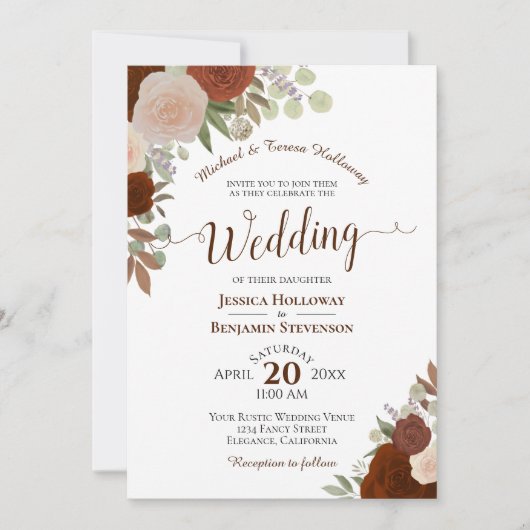 Elegant Rust Oranje Waterverf Floral Wedding Kaart (Voorkant)